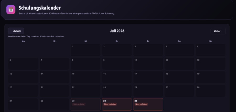 4Vision Creator Hub – Schulungskalender für persönliches TikTok LIVE Coaching